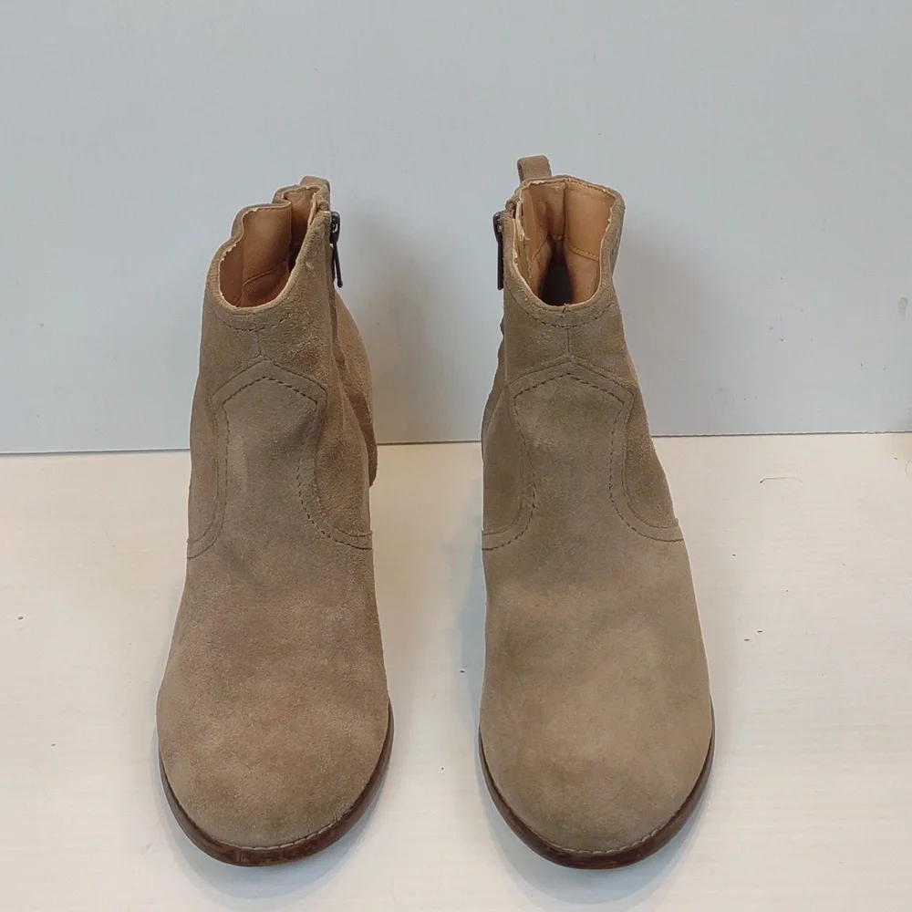 Lands' End Women's Harris Taupe Suede Side Zip Faux Wooden Heel Ankle Bootie